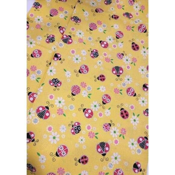 Cotton Ladybugs Beetles Flowers Silver Glitter Yellow Fabric Print 1yd 15in New - Picture 2 of 4